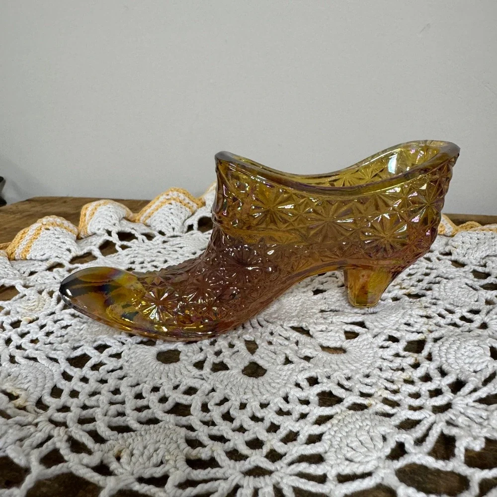 Vintage Amber Carnival Glass Slipper Daisy and Button Iridescent Boot Figurine